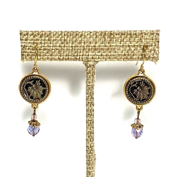 Earrings Dangles Drops Gold Tone Purple Crystals Buttons - Picture 7 of 11